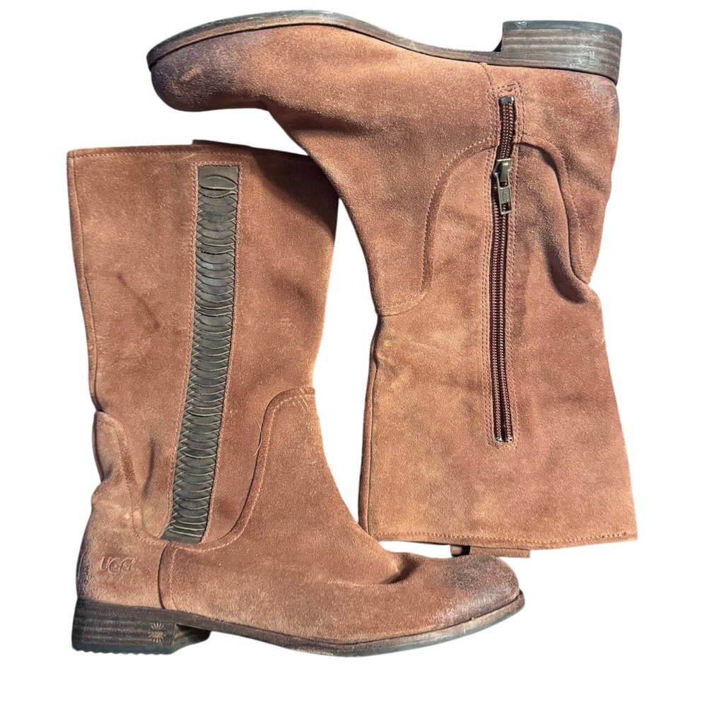 UGG Australia Women Brown Suede‎ Mid Calf Side Zip Boots Braided Detail Size 8